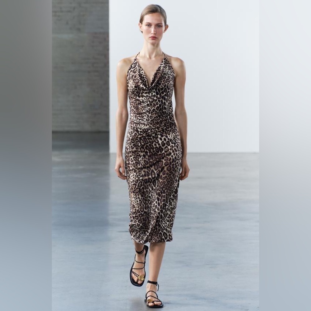 NWT Zara Animal Leopard Print Drape Modi Dress M L